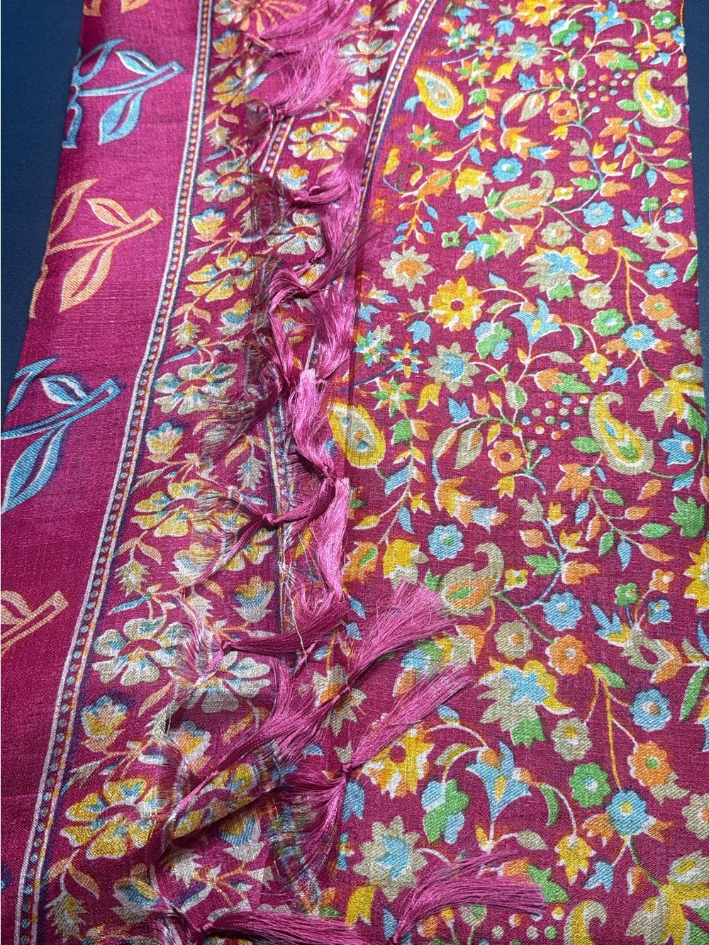 Pink Floral Fringed khadi silk printed dupatta